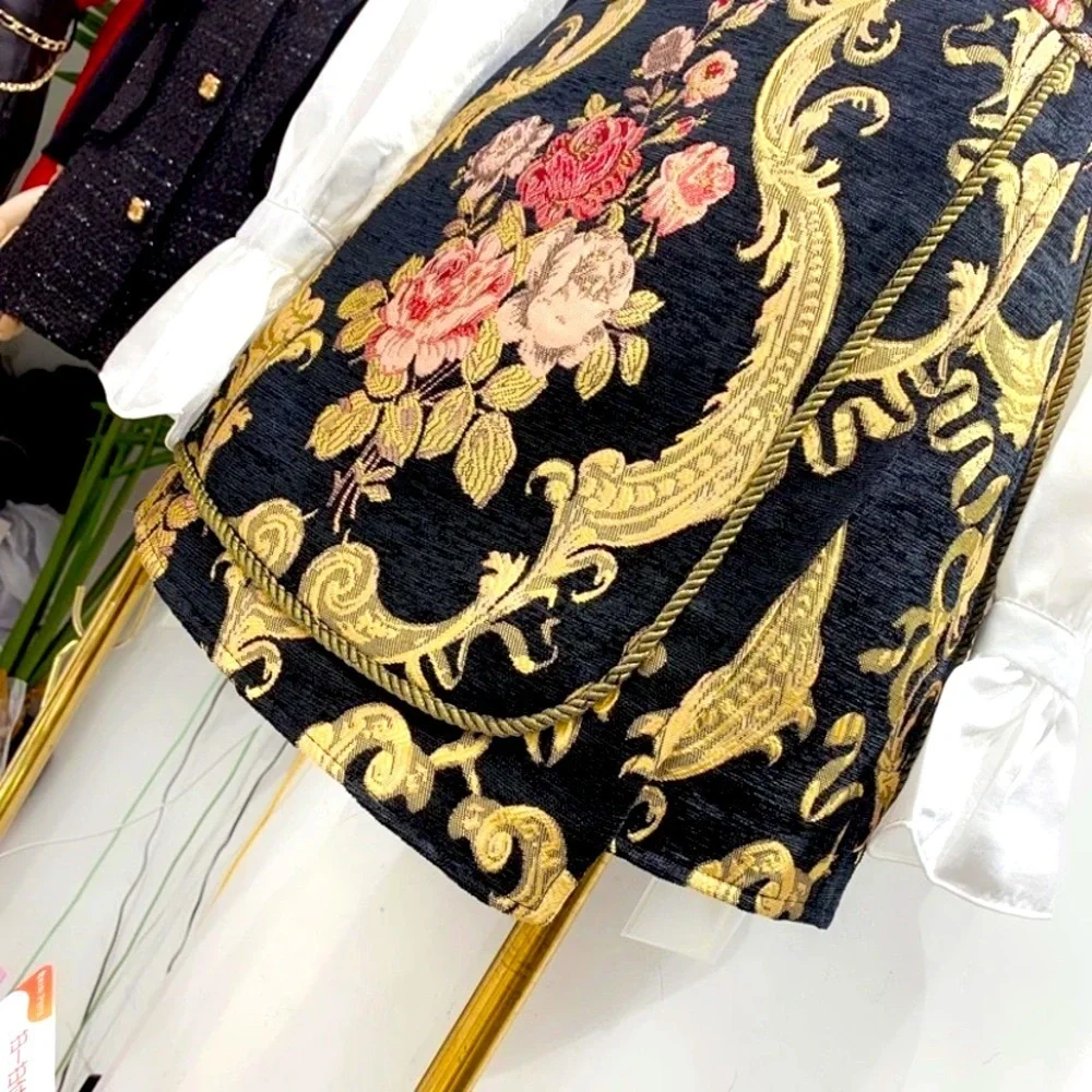 Autumn Style French Retro Jacquard High Waist A- Line Skirt Women'S Culotte